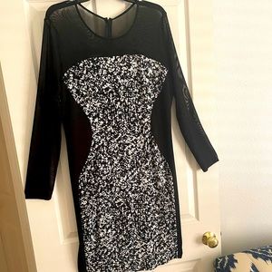 Dress, black & white, sheer neck and sleeves. knee length. Size 14